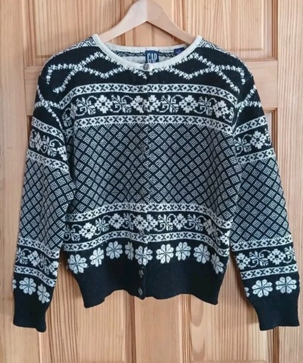 VTG GAP Womens M Wool Cardigen Sweater Nordic Design Metal Buttons Black Ivory